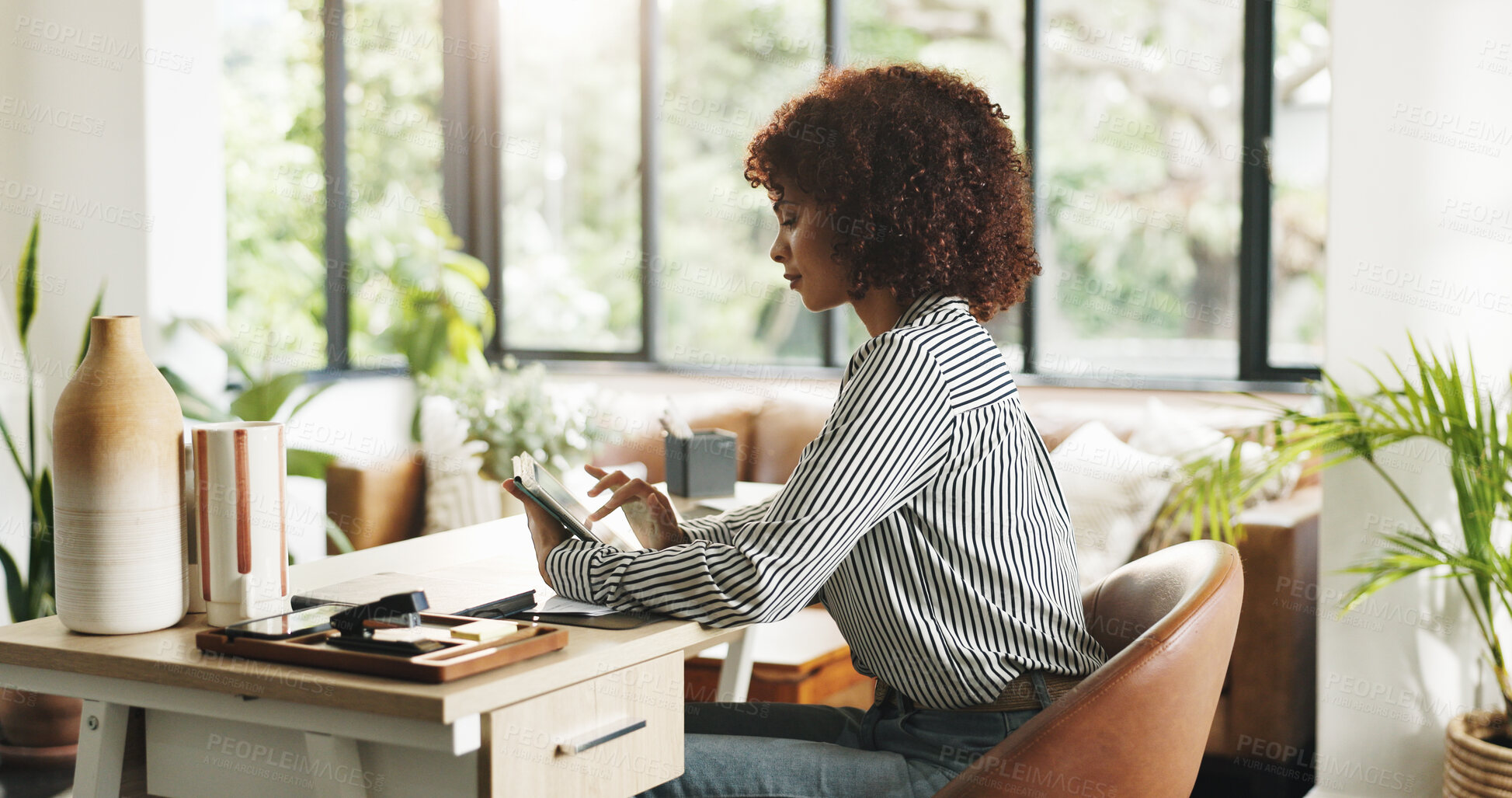 Buy stock photo Scroll, online and woman with tablet, home office and planning for article on website or journalism. Reading, draft and person with tech for project, remote work and reporter with research in house