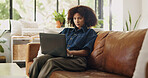 Laptop, remote work and black woman on sofa for online editing, story review and feedback. Freelance, hybrid worker and person on couch with computer for digital submission, copywriting and planning