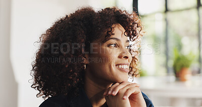 Buy stock photo Thinking, woman and relax with smile at house for peace, inspiration and calm morning. Happy, female person and daydreaming with reflection, nostalgia memory and perspective for weekend break in home