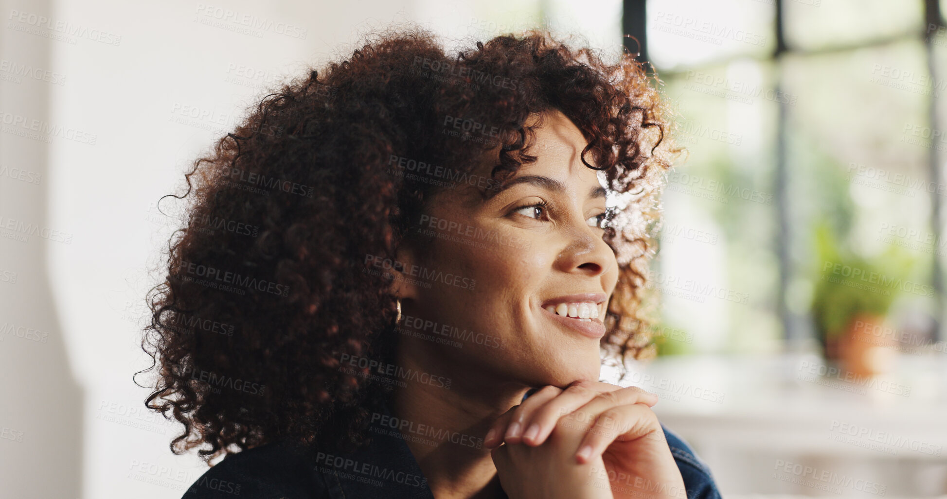 Buy stock photo Thinking, woman and relax with smile at house for peace, inspiration and calm morning. Happy, female person and daydreaming with reflection, nostalgia memory and perspective for weekend break in home
