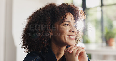 Buy stock photo Thinking, happy and woman on sofa by window for self reflection, nostalgia or planning on break. Smile, ideas and female person in living room with decision, choice or memory in apartment in morning.