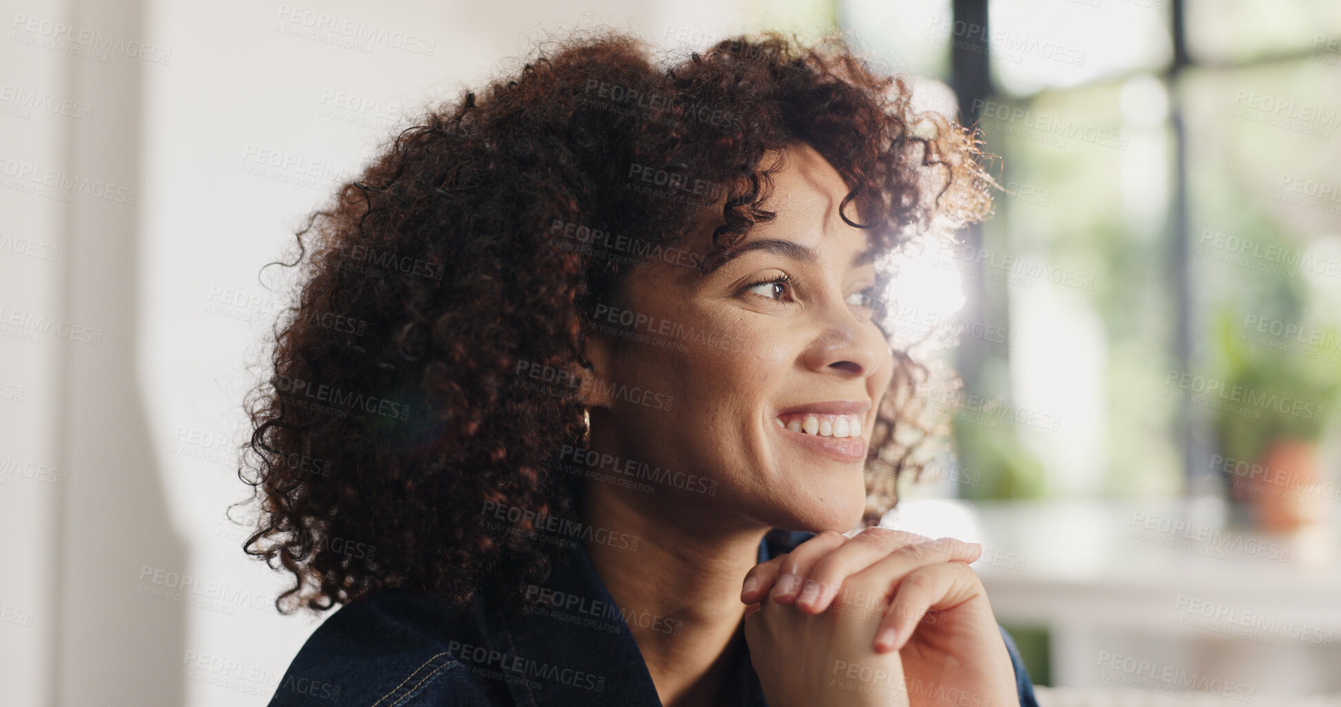Buy stock photo Thinking, happy and woman on sofa by window for self reflection, nostalgia or planning on break. Smile, ideas and female person in living room with decision, choice or memory in apartment in morning.