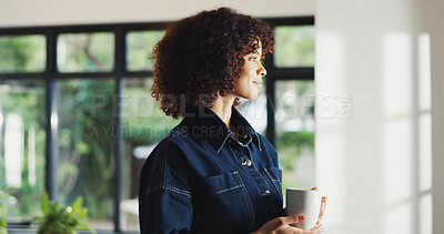 Buy stock photo Woman, thinking and morning with coffee in home to start day, comfort or nostalgia moment. Female person, relax and inspiration with vision, mug or caffeine for energy or contemplation in house
