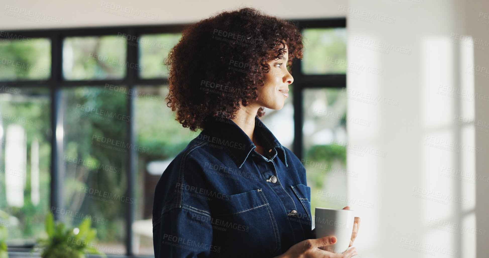 Buy stock photo Woman, thinking and morning with coffee in home to start day, comfort or nostalgia moment. Female person, relax and inspiration with vision, mug or caffeine for energy or contemplation in house