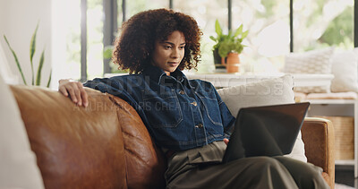 Buy stock photo Laptop, home and black woman on sofa for online editing, story review and freelance career. House, remote worker and person on couch with computer for digital submission, copywriting and planning