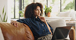 Laptop, thinking and black woman on sofa for remote work, story review and feedback for editing. Home, hybrid worker and person on couch with computer for digital submission, copywriting and planning