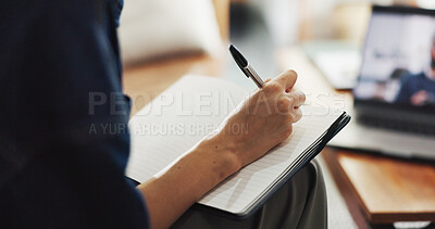 Buy stock photo Person, hands and writing with video call in book for online meeting, schedule or reminder in home. Remote work, journalist or taking notes with diary on laptop for virtual chat or webinar in house