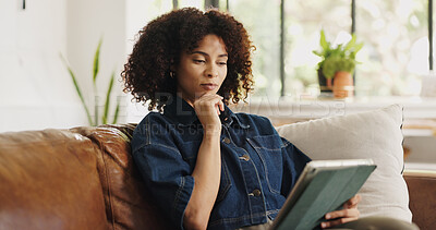 Buy stock photo Tablet, remote work and black woman on sofa for online editing, story review and feedback. Thinking, hybrid worker and person on couch with tech for digital submission, copywriting and planning
