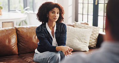 Buy stock photo Psychology, sofa and woman with psychologist in office for support, life coaching or mental health. Anxiety, therapy and psychiatrist with female person for guidance, help or consultation at clinic.