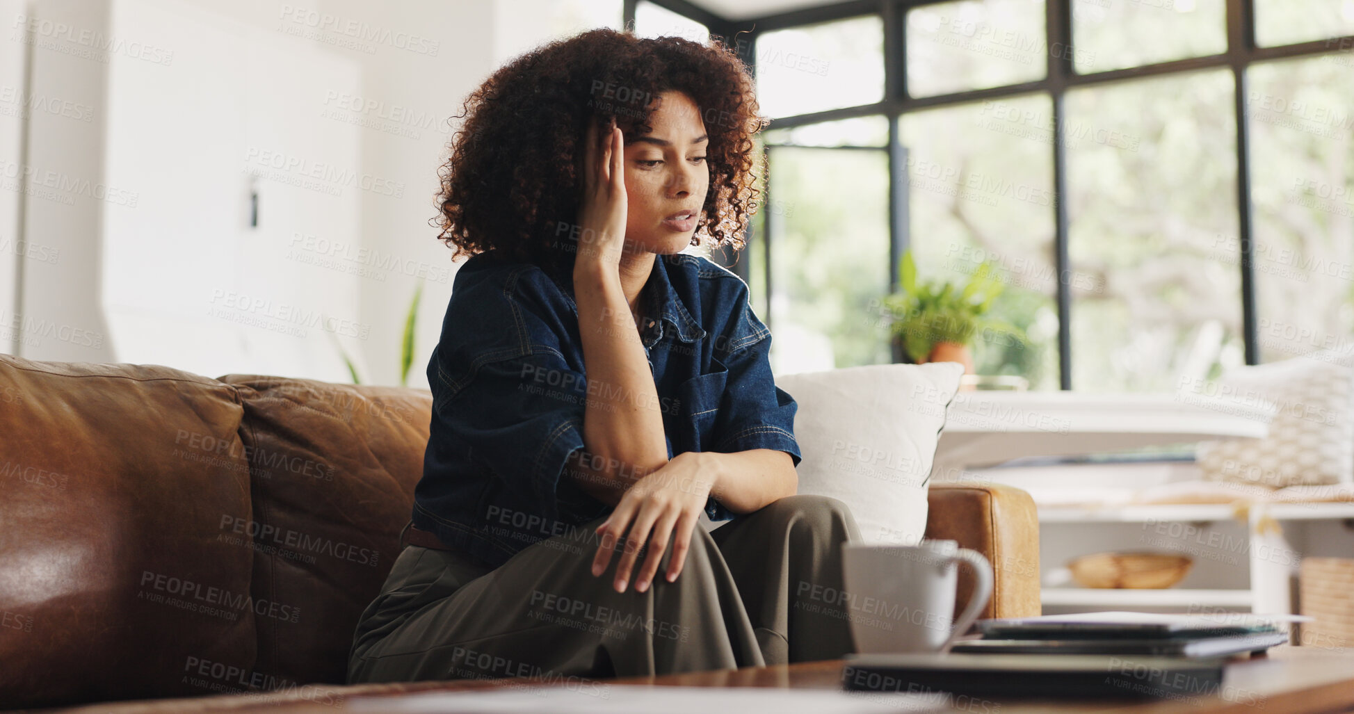 Buy stock photo Home, pressure and woman with headache, thinking and freelancer with career crisis or exhaustion. Unhappy, reflection and person with migraine for job insecurity, wonder and anxiety in living room