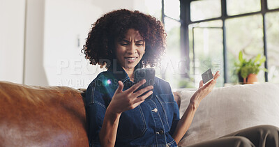 Buy stock photo Credit card, mistake and African woman with phone on sofa for online shopping, purchase and payment failure. Home, ecommerce and person on smartphone on bank app for scam, sale and transaction error