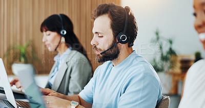 Buy stock photo Online, coworking and business man with headset for consulting, lead generation and sales in office. Contact us, talking and person with mic for telemarketing, communication and virtual assistance