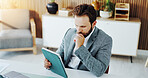 Tablet, thinking and businessman in office with research for finance report with budget planning. Digital technology, ideas and male financial manager with online investment proposal in workplace.