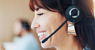 Buy stock photo Happy, laugh and business woman with headset for consulting, lead generation and sales in office. Contact us, talking and person with mic for telemarketing, communication and virtual assistance