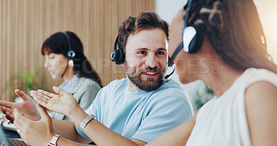 Buy stock photo Call center, discussion and business people with headset in office with consultation, crm or helpdesk. Mic, communication and technical support consultants with customer service in workplace.