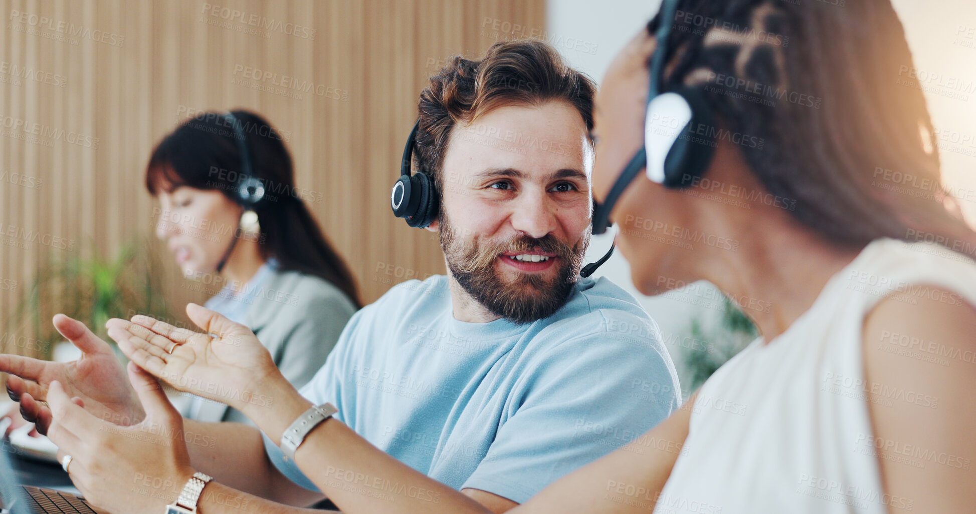 Buy stock photo Call center, discussion and business people with headset in office with consultation, crm or helpdesk. Mic, communication and technical support consultants with customer service in workplace.
