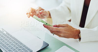 Buy stock photo Cellphone, hands and businesswoman in office with typing for texting, networking or email communication. Technology, contact and female corporate employee with phone for connectivity in workplace.
