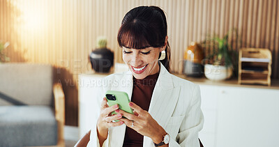 Buy stock photo Phone, happy and businesswoman in office with typing for texting, networking or email communication. Technology, contact and female corporate employee with cellphone for connectivity in workplace.
