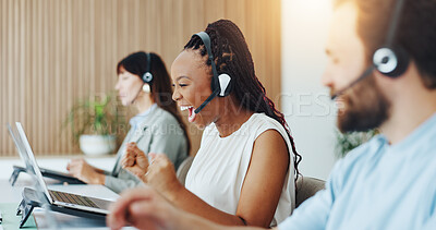 Buy stock photo Success, coworking and business woman with headset for consulting, lead generation and sales goals. Contact us, celebrate and people with mic for telemarketing, communication or virtual assistance