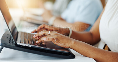 Buy stock photo Computer, typing and hands of businesswoman in office with research for finance report with budget. Keyboard, technology and female financial advisor with laptop for investment proposal in workplace.