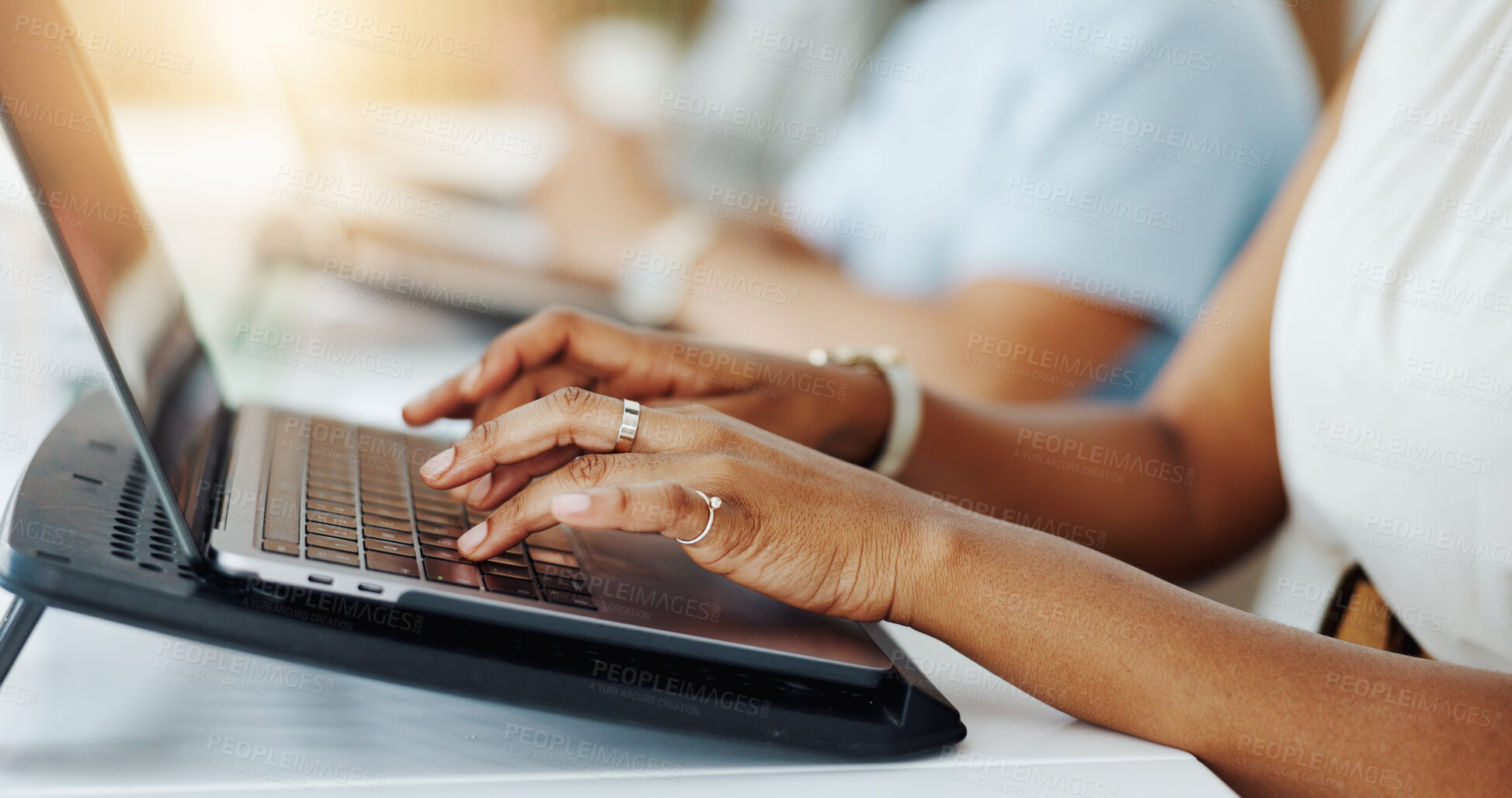 Buy stock photo Computer, typing and hands of businesswoman in office with research for finance report with budget. Keyboard, technology and female financial advisor with laptop for investment proposal in workplace.