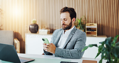 Buy stock photo Phone, research and businessman in office with typing for texting, networking or email communication. Technology, contact and male corporate employee with cellphone for connectivity in workplace.
