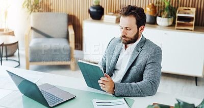 Buy stock photo Tablet, laptop and businessman in office with research for finance report with budget planning. Digital technology, computer and male financial manager with online investment proposal in workplace.