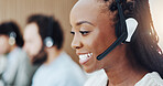 Call center, talking and businesswoman with headset in office with consultation, crm or helpdesk. Mic, communication and female technical support consultant with customer service in workplace.