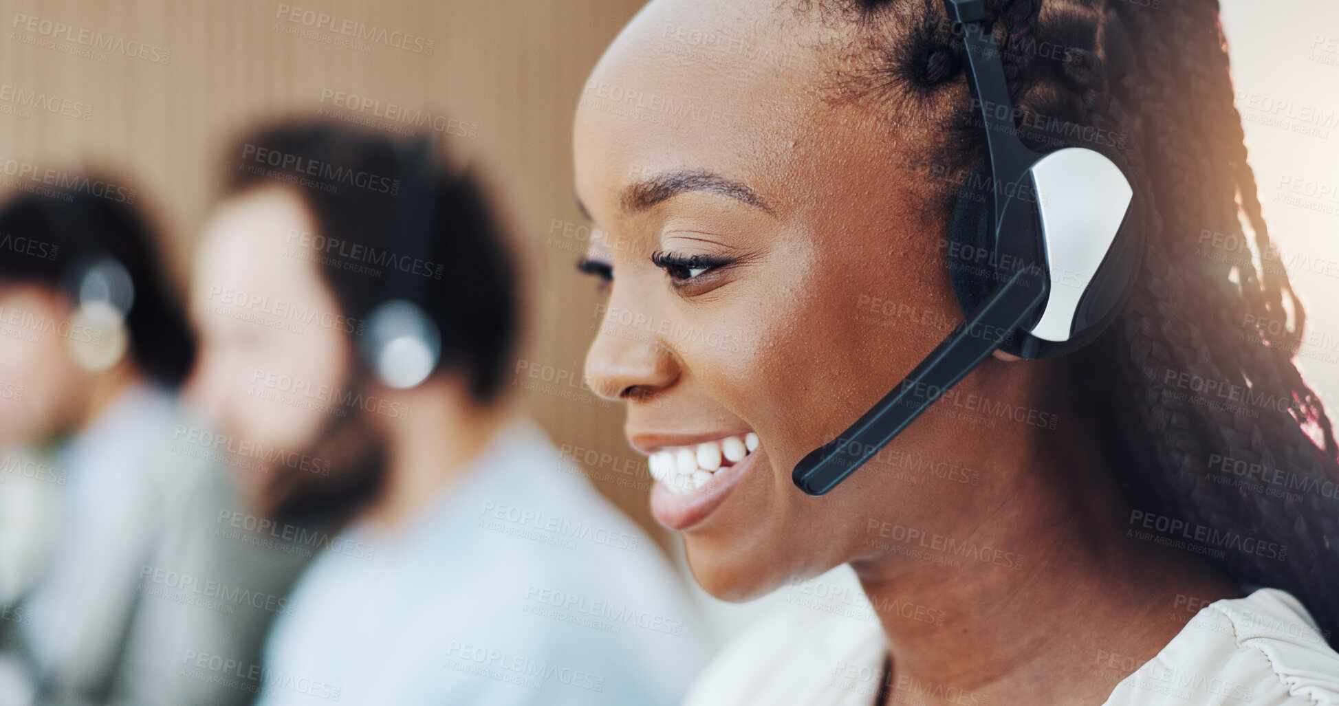 Buy stock photo Call center, talking and businesswoman with headset in office with consultation, crm or helpdesk. Mic, communication and female technical support consultant with customer service in workplace.