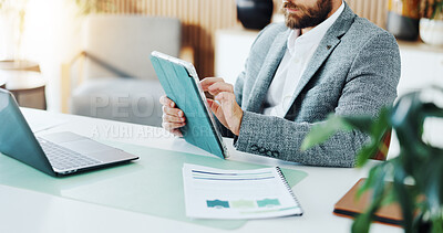 Buy stock photo Tablet, documents and hands of business man in office for finance review, planning and investment. Corporate, paperwork and person on digital tech for financial portfolio, proposal and budget report