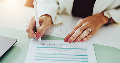 Buy stock photo Hands, investor and signature for contract, woman in office and investment deal. Person, employee and financial advisor in workplace, pen and legal documents for trading compliance and agreement