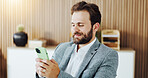 Phone, smile and businessman in office with typing for texting, networking or email communication. Technology, contact and male corporate employee with cellphone for connectivity in workplace.