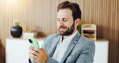 Buy stock photo Phone, smile and businessman in office with typing for texting, networking or email communication. Technology, contact and male corporate employee with cellphone for connectivity in workplace.