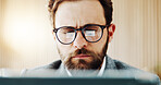 Laptop, reading and business man with glasses in office for finance review, planning and investment. Corporate, reflection and person on computer for financial research, proposal and budget report