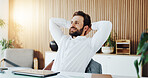 Relax, thinking and business man with stretching for task completion, productivity or satisfaction. Office, person or rest at desk with finished work, project deadline or enjoy break with reflection