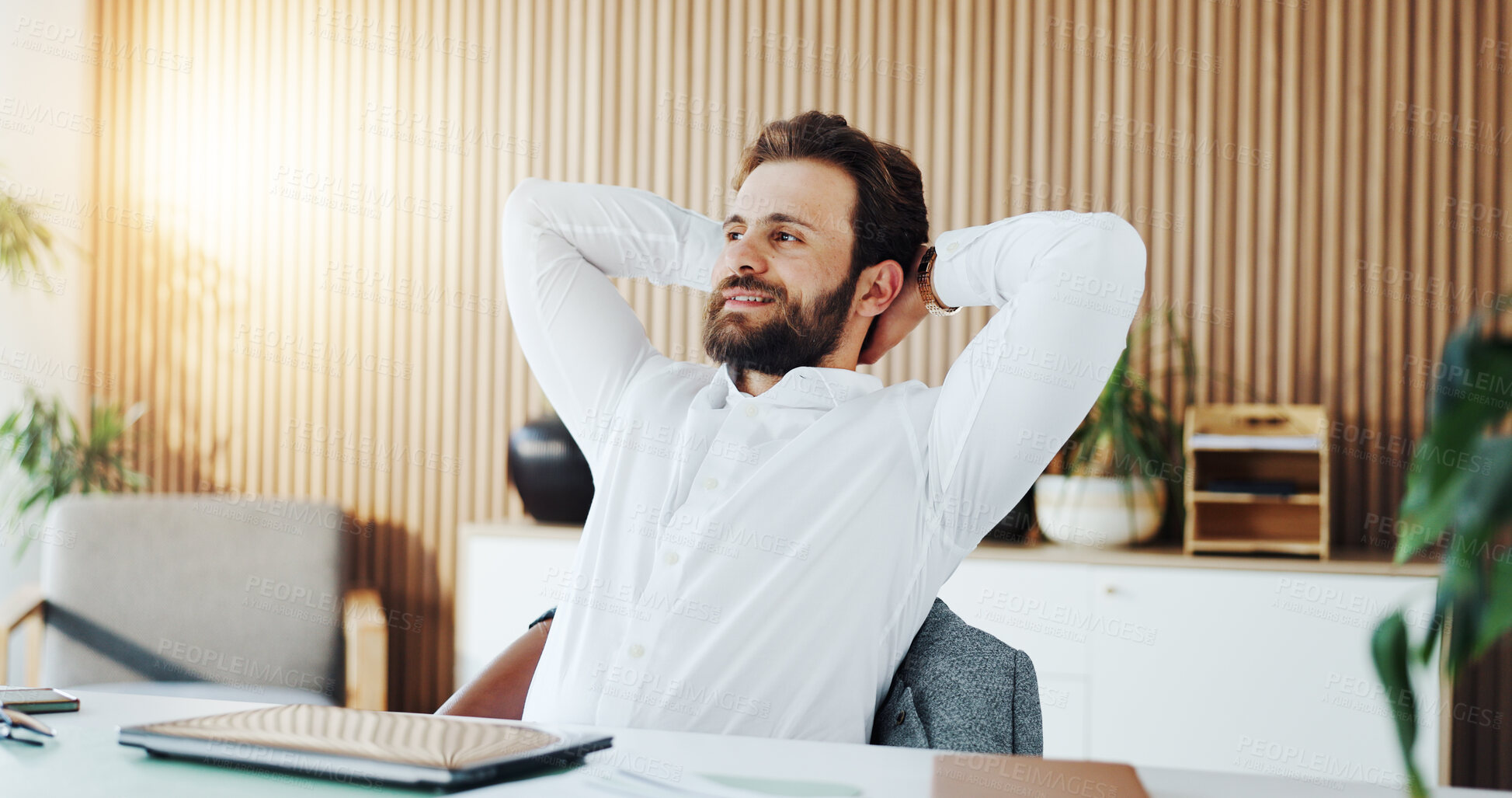 Buy stock photo Relax, thinking and business man with stretching for task completion, productivity or satisfaction. Office, person or rest at desk with finished work, project deadline or enjoy break with reflection