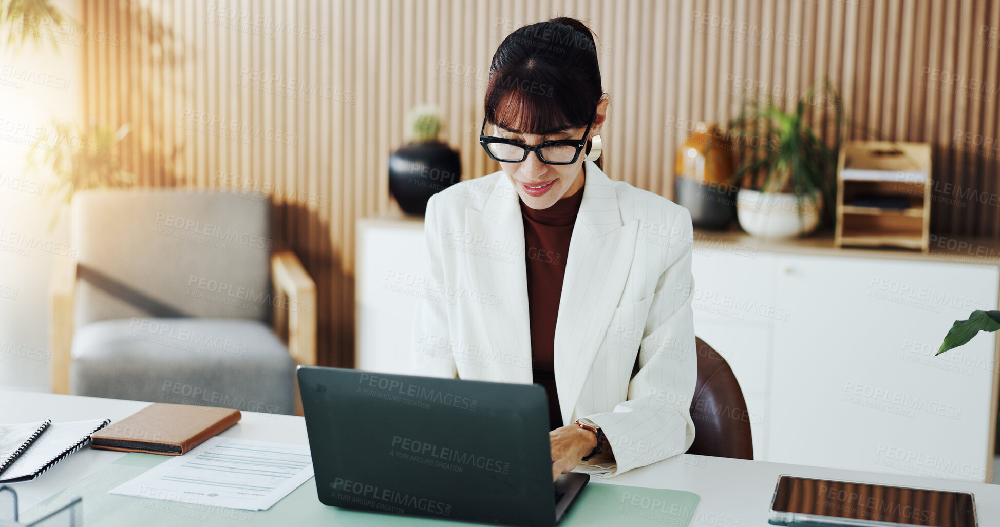 Buy stock photo Laptop, typing and business woman in office for finance review, planning and investment research. Corporate, consultant and person on computer for financial proposal, company audit and budget report