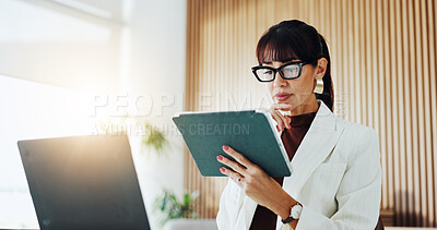 Buy stock photo Tablet, thinking and businesswoman with laptop in office with research for finance report with budget. Digital technology, computer and financial manager with online investment proposal in workplace.