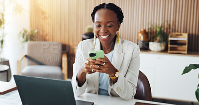 Buy stock photo Happy, business and black woman in office with phone for online chat, networking and contact for finance client. Financial agency, corporate and person on smartphone for connection, website or email
