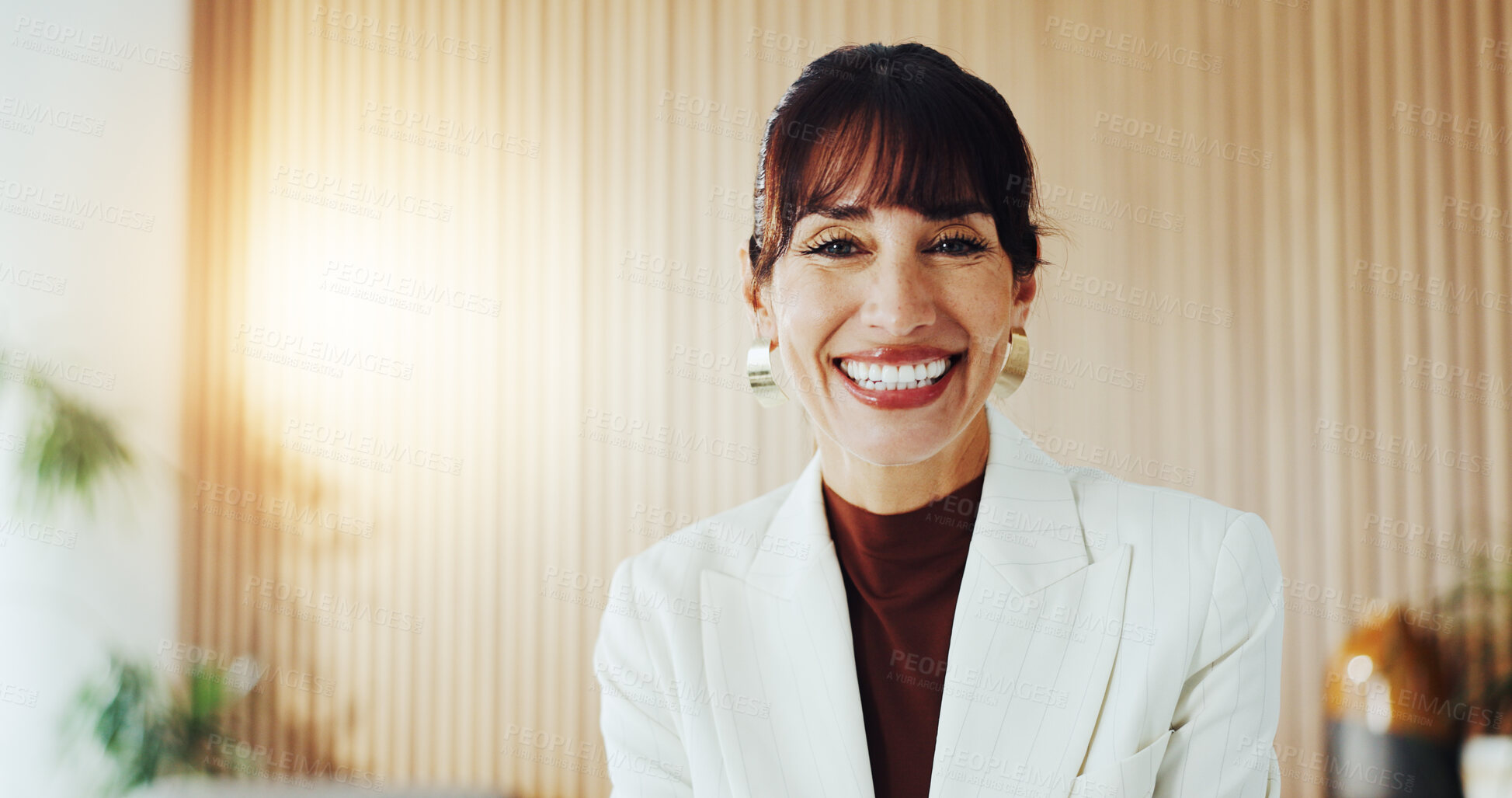 Buy stock photo Happy, realtor and portrait of business woman in office with confidence, real estate career and about us. Corporate, property advisor and mature person with smile, pride and ambition for growth