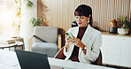 Phone, typing and business woman in office for networking, online chat and contact for finance client. Financial agency, corporate and person on smartphone for communication, fintech website or email