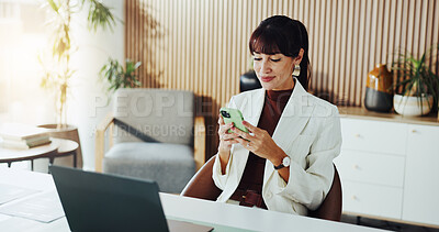 Buy stock photo Phone, typing and business woman in office for networking, online chat and contact for finance client. Financial agency, corporate and person on smartphone for communication, fintech website or email