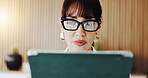 Tablet, glasses and businesswoman in office with research for finance report with budget planning. Digital technology, reading and financial manager with online investment proposal in workplace.