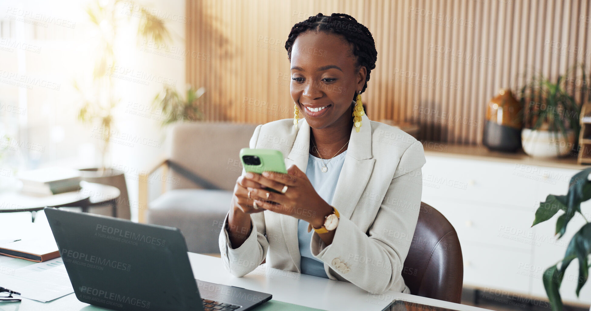 Buy stock photo Phone, business and black woman in office for online chat, networking and contact for finance client. Financial agency, corporate and person on smartphone for communication, fintech website or email