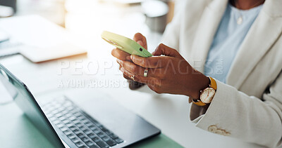 Buy stock photo Phone, hands and business woman in office for networking, online chat or contact for finance client. Typing, corporate and person on smartphone for communication, website or email at financial agency