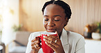 Happy, black woman and coffee with smell for caffeine aroma, start day or essence in home. Female person, relax and calm with smile, mug or cup for warm drink, beverage scent or energy in house