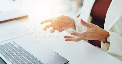 Buy stock photo Woman, hands and video call with laptop for business discussion, webinar or conference in office. Female person, employee or talking with computer for online meeting, virtual chat or conversation