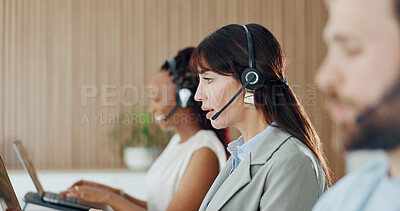 Buy stock photo Customer service, talking and businesswoman with headset in office with consultation, crm or helpdesk. Mic, communication and female call center consultant with technical support in workplace.