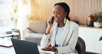 Buy stock photo Business, black woman and laptop with phone call in office for real estate, contact client and inquiry. Female realtor, mobile or pc for property listing, schedule viewing and feedback on negotiation