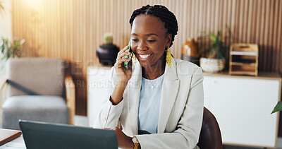 Buy stock photo Smile, black woman and laptop with phone call in office for real estate, contact client and inquiry. Female realtor, mobile and pc for property listing, schedule viewing and feedback on negotiation